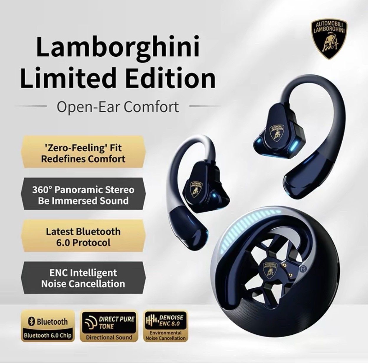 Lamborghini Sport Ear Hook Audifonos Bluetooth 6.0 Headphones