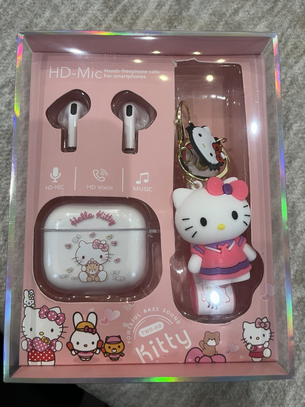 Hello Kitty TWS-A6 Bluetooth Earbuds In-Ear w/ Mic, Charging Case, Keychain