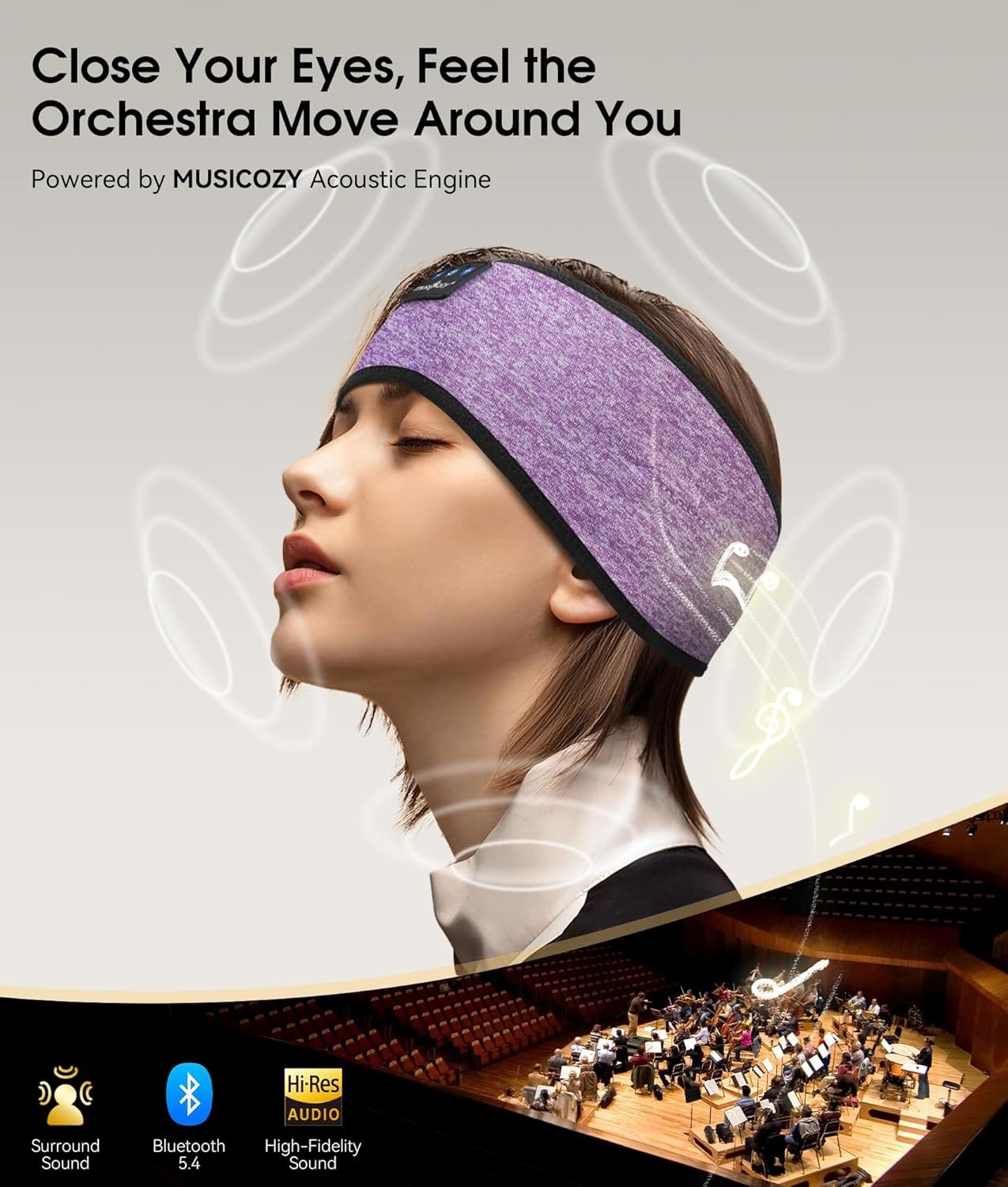 MUSICOZY Sleep Headphones Bluetooth 5.4 Headband, Wireless Light Purple