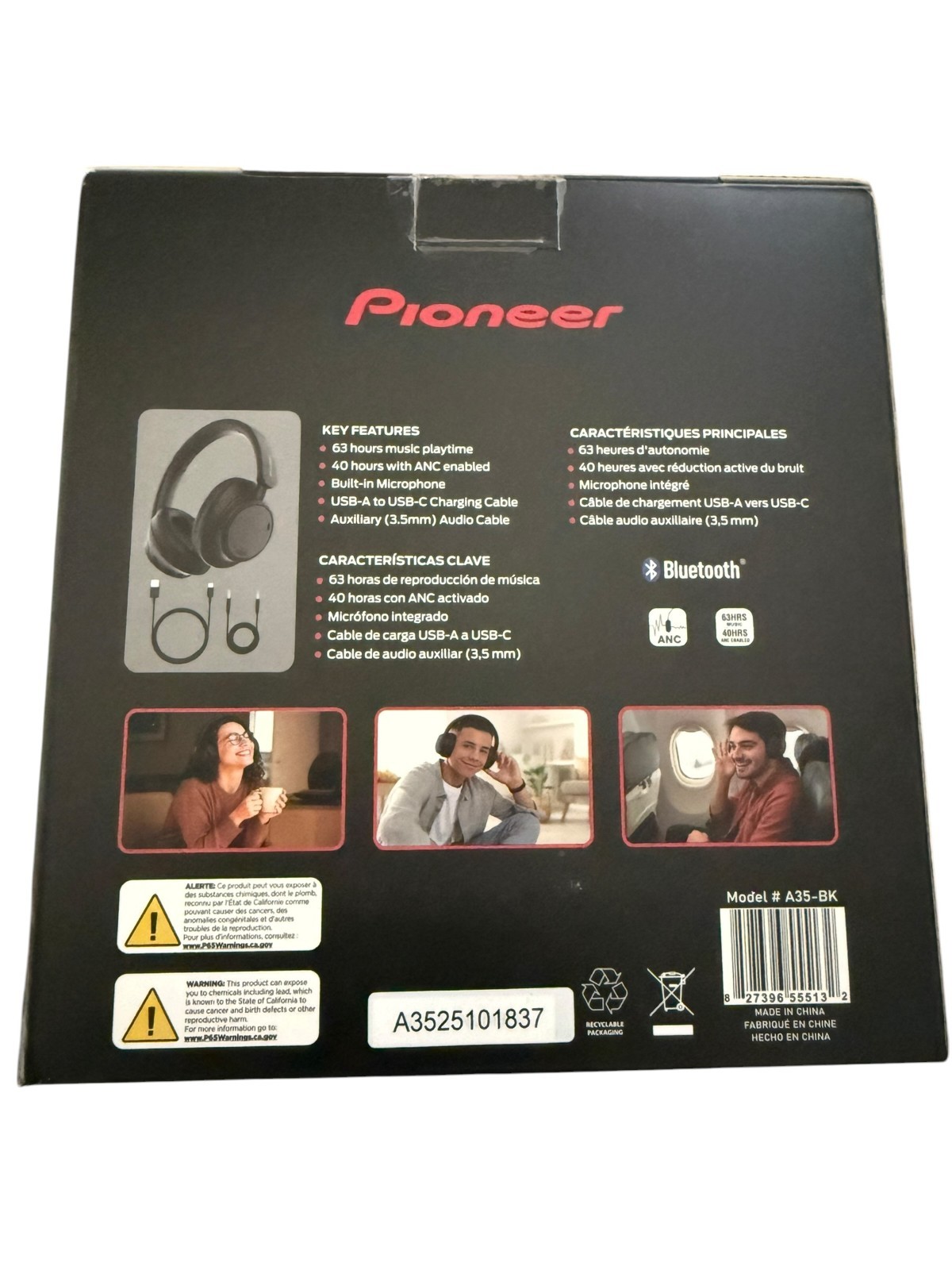 Pioneer A35-BK Bluetooth Headphones ANC USB-C Black Built-In Mic Over-Ear
