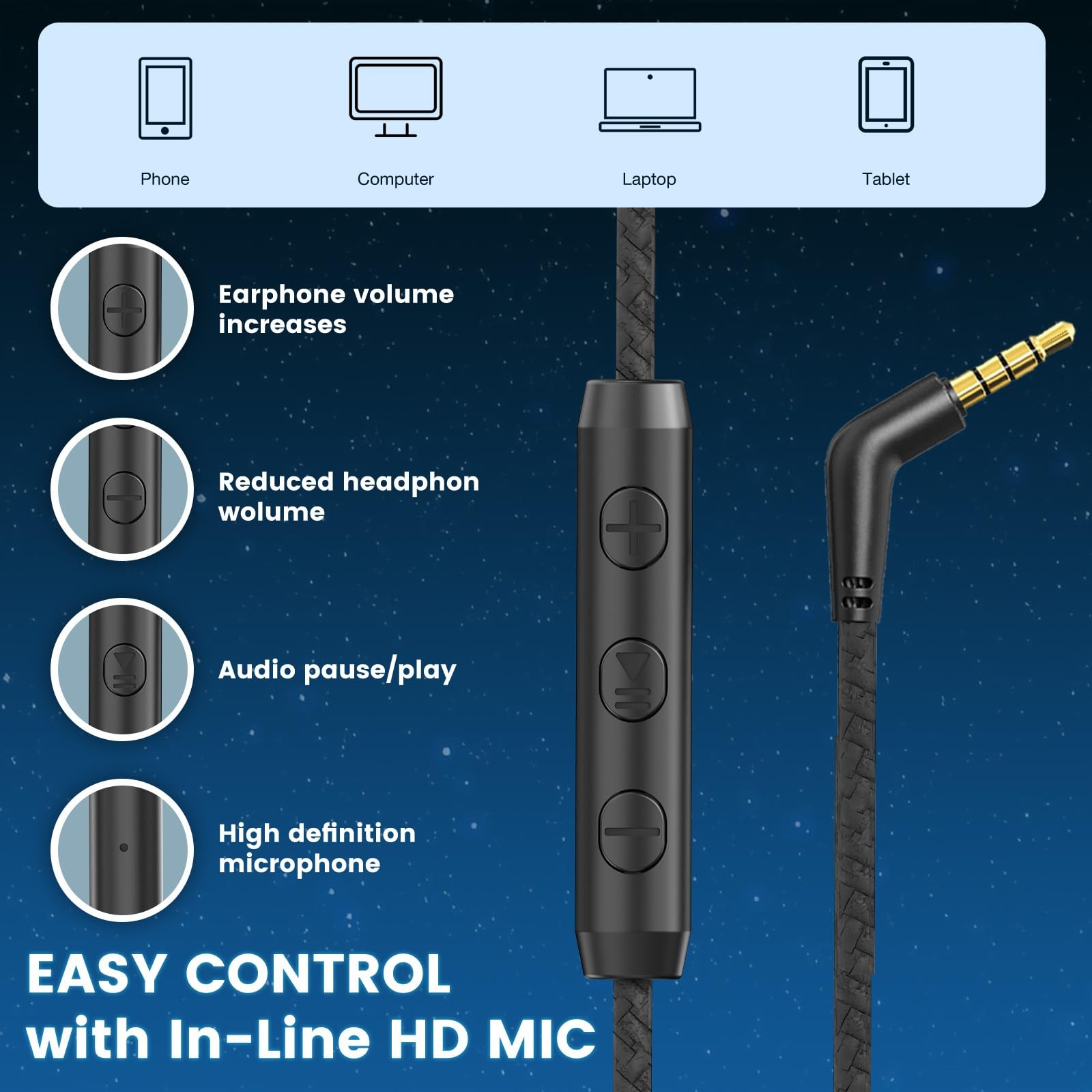 Over Ear Headphones Wired 3.5mm Foldable Microphone Volume Control Black