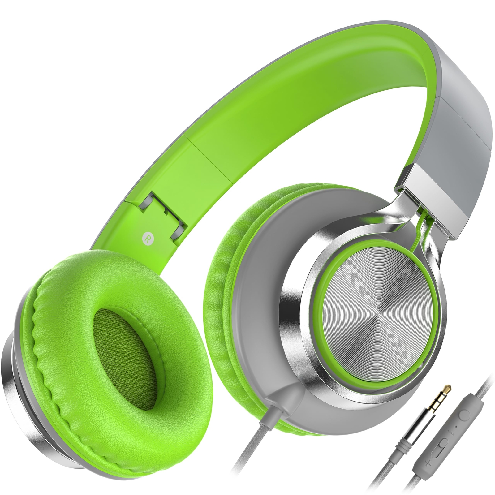 C8 Headphones Wired Grey/Green On-Ear Microphone Volume Control 3.5mm