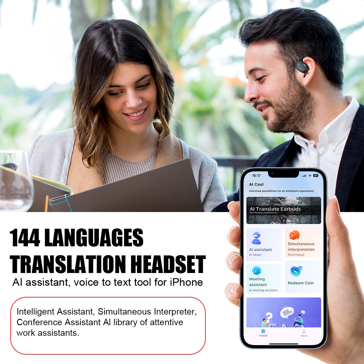 Wireless OWS Open-Ear Headphones w/144-Lang Translation 50Hrs Air Conduction US