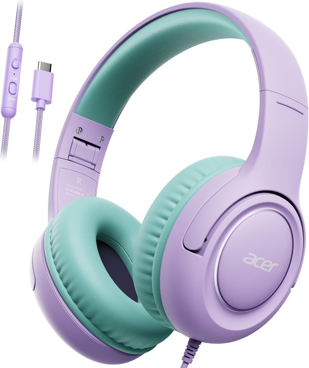 acer Kids Wired Headphones Foldable Over Ear Headphones 3.5mm, Purple/HK03