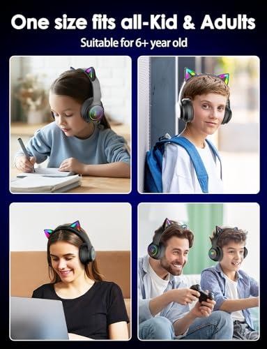 Cat Ear Bluetooth Headphones for Kids & Adults, 55H Play Time, Wireless Foldable