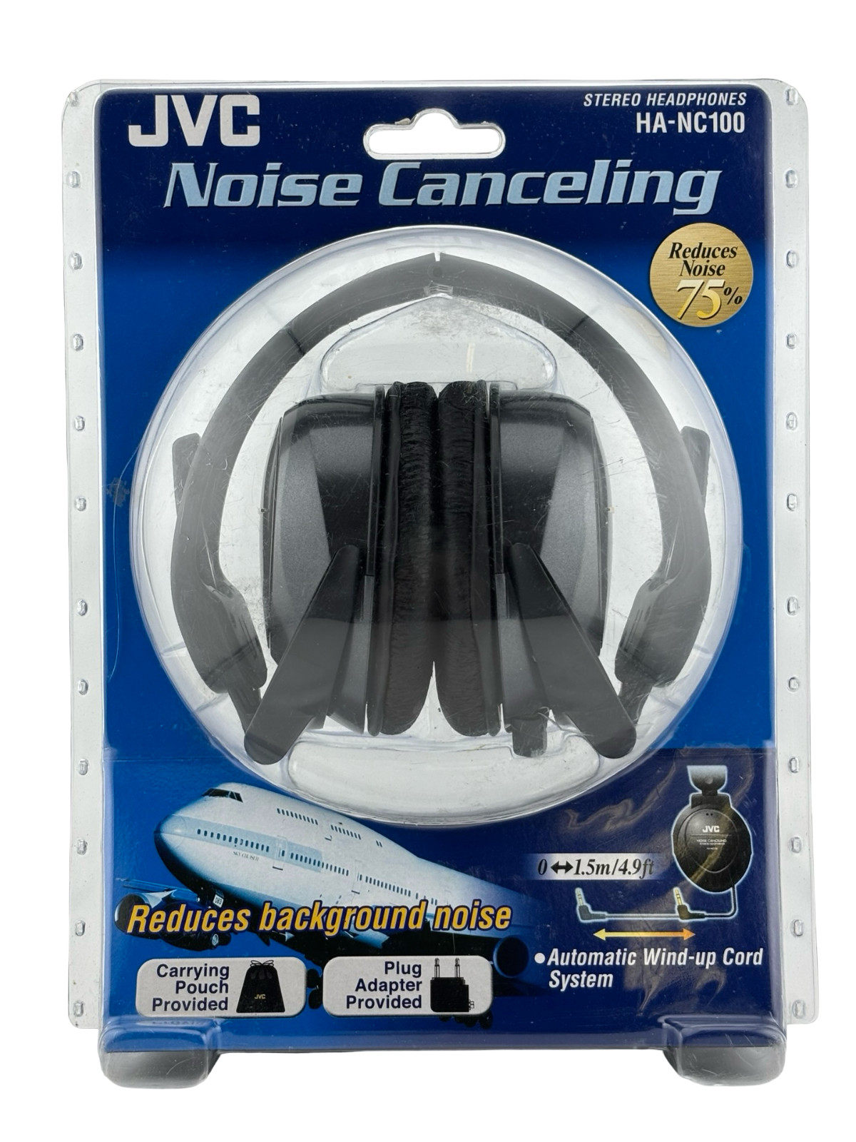 JVC HA-NC100 Noise Cancellation Stereo Headphones 1.5m / 4.9 ft Wind-Up Cord NEW