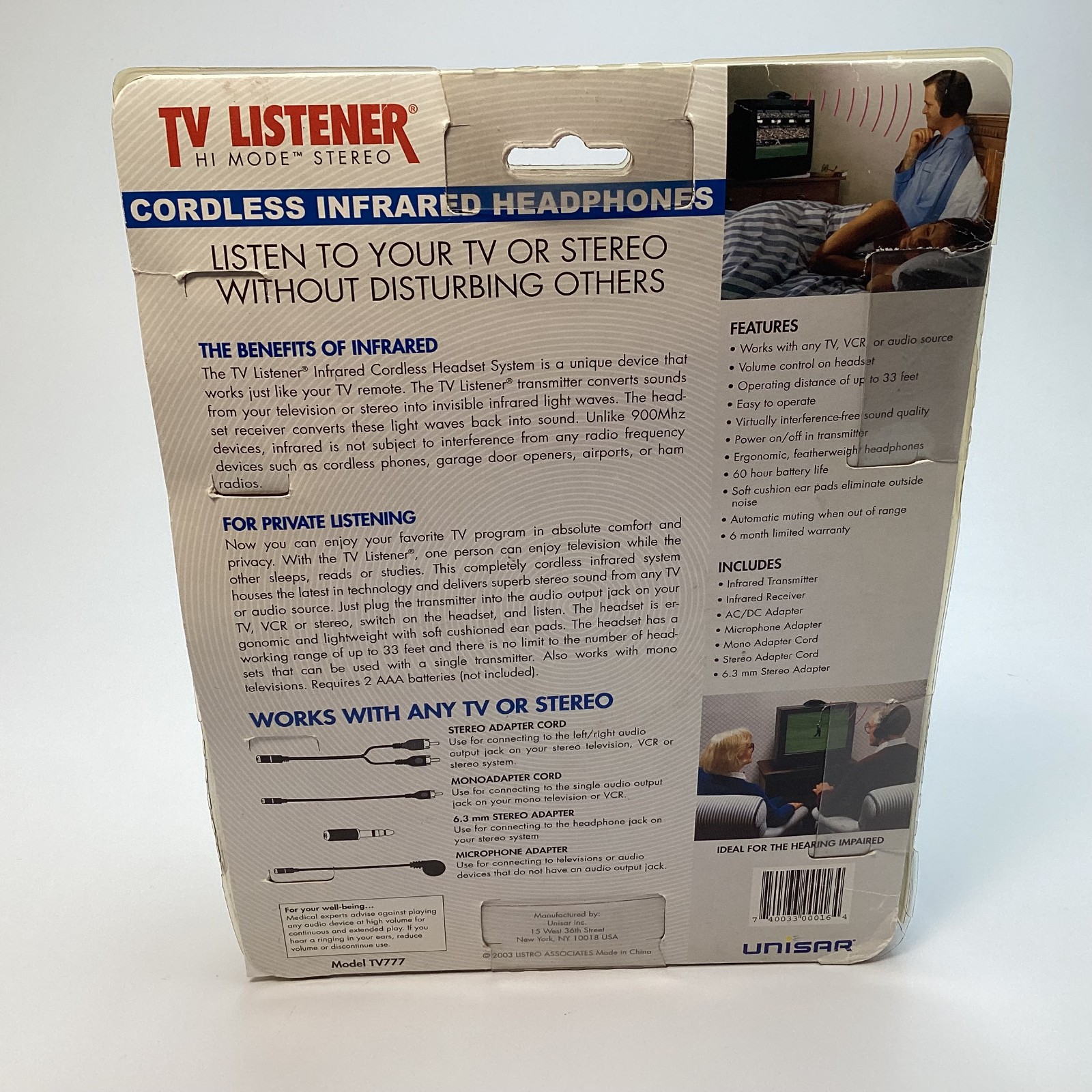 Unisar TV777 TV Listener Hi Mode Stereo Wireless Infrared Headphones – New READ