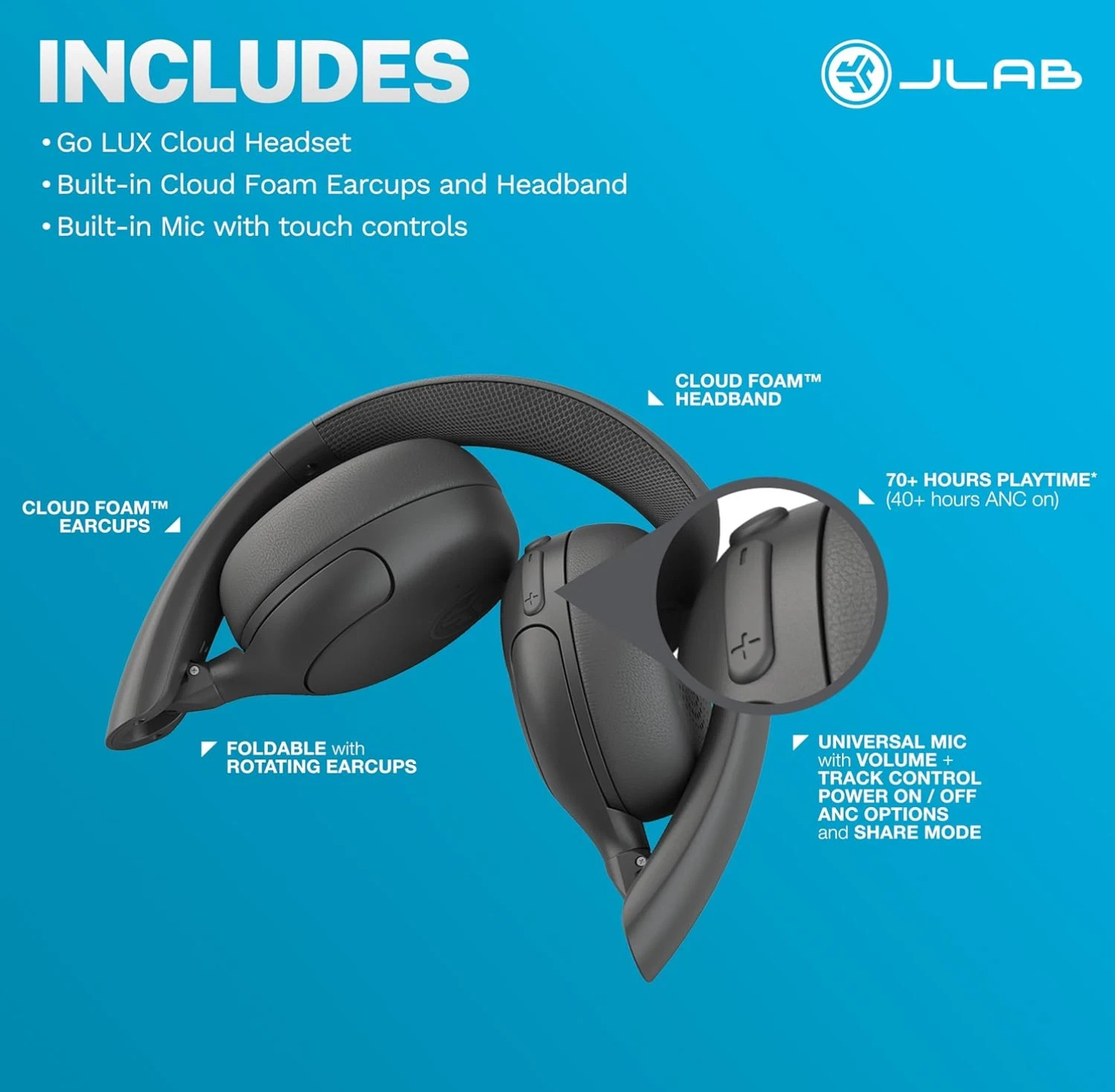 JLab Go Lux ANC Wireless Headphones Hybrid ANC Premium On-Ear Headset Graphite