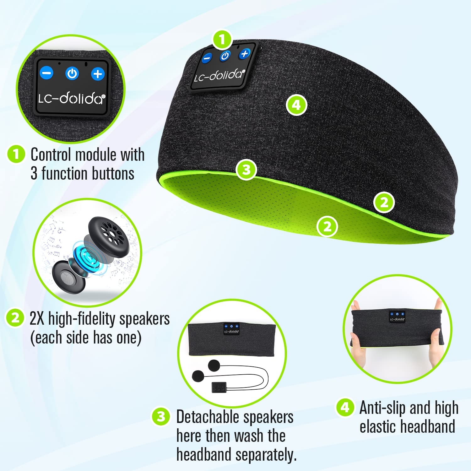 LC-dolida Sleep Headphones Wireless Bluetooth 1 Count (Pack of 1), Moss