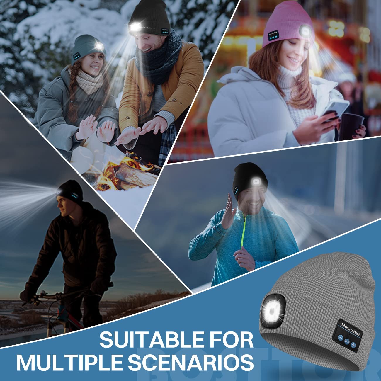 Bluetooth Beanie Hat Light Headlamp Cap Headphones BuiltIn Speaker Mic Men