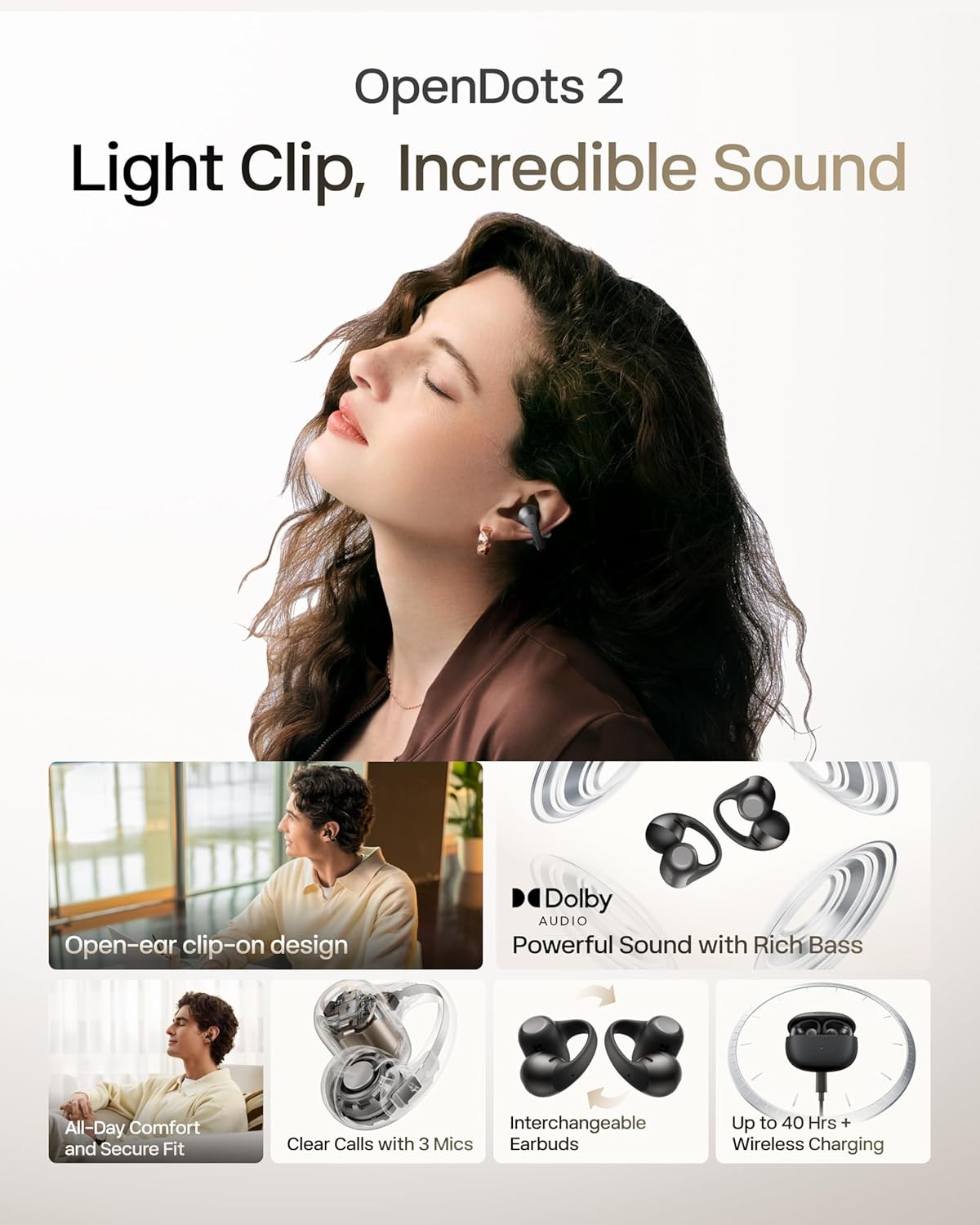 Open-Ear Clip-On Earbuds with Upgraded Dolby Audio 3-Mic Clear