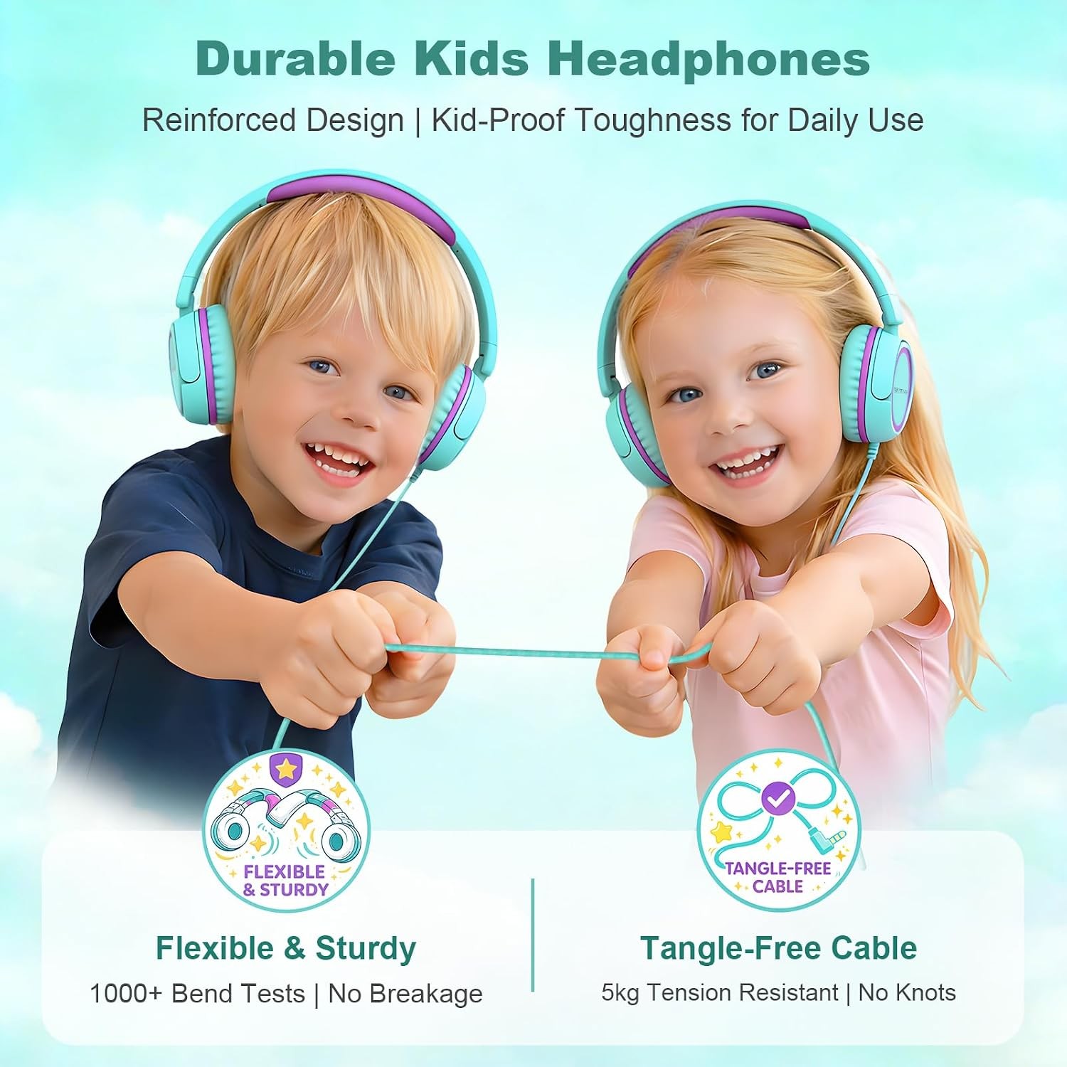 Kids Wired Headphones Adjustable Volume Limited 85dB for School Boys Girls Green