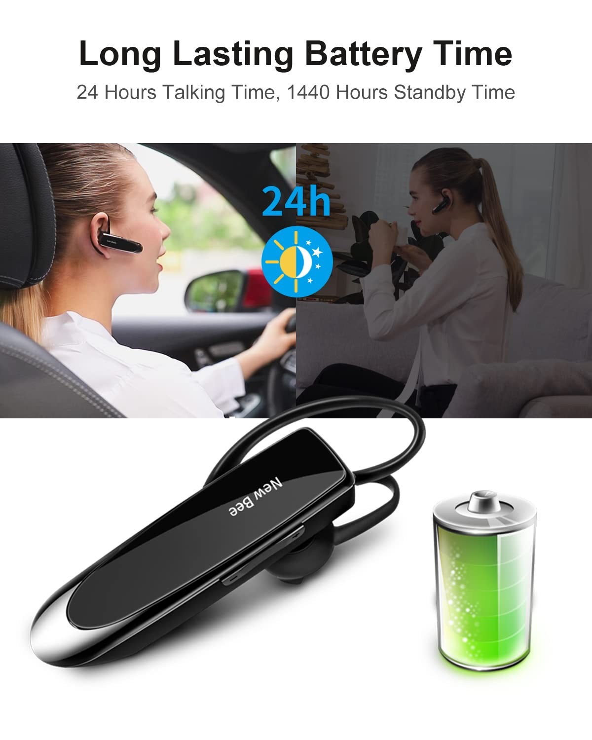 Bluetooth Earpiece V5.0 Wireless Handsfree Headset with Microphone 24 Hrs