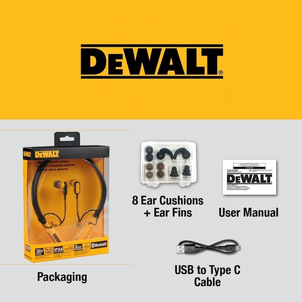 DEWALT Jobsite Pro Neckband Wireless Earphones – Black/Yellow NEW