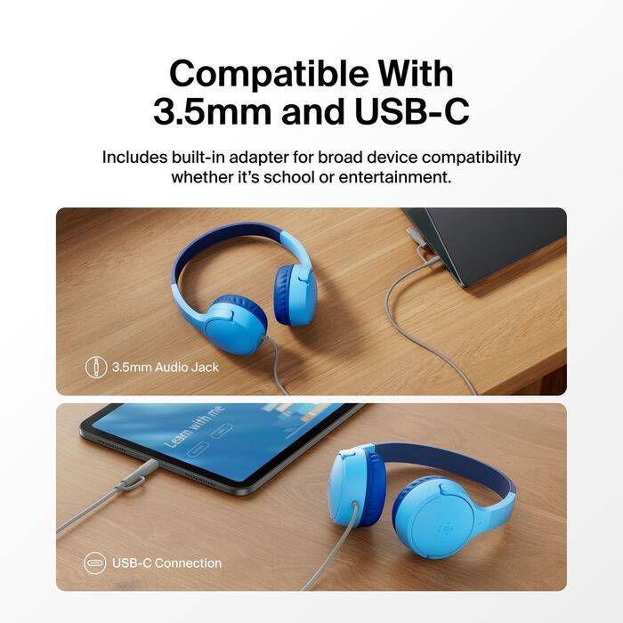 Belkin Kids Headphones Wired, Volume Limited, USB-C 3.5mm Parents Trusted – Blue