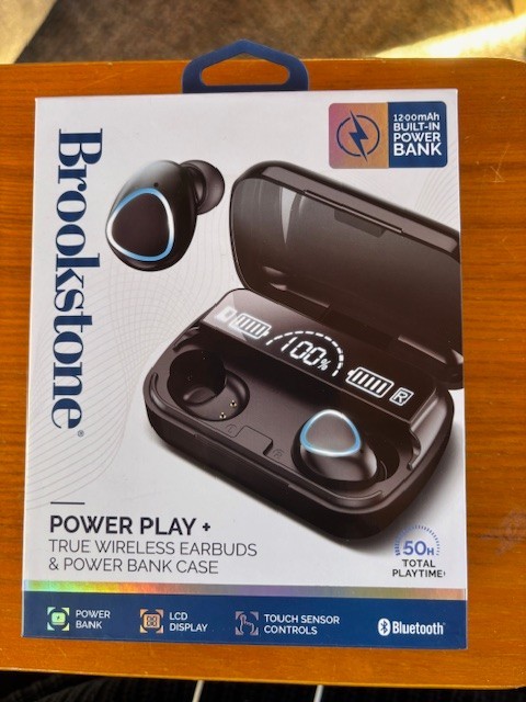 Brookstone Touch Power Two Earbuds & Built-In Power Bank New in Box