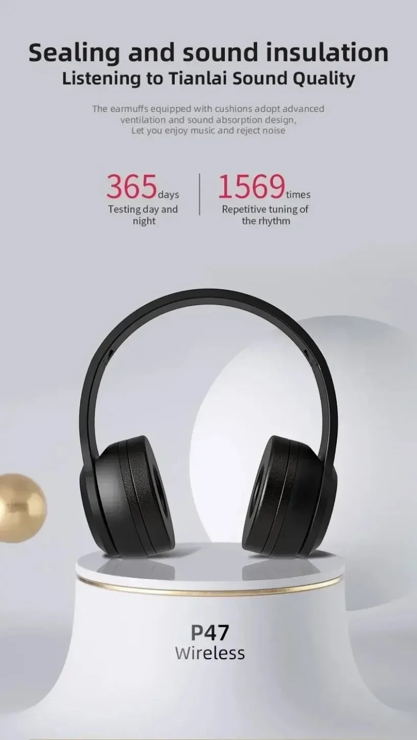 P47 Wireless Bluetooth 5.0 Headphones Over Ear Foldable FM Radio TF Card Mic