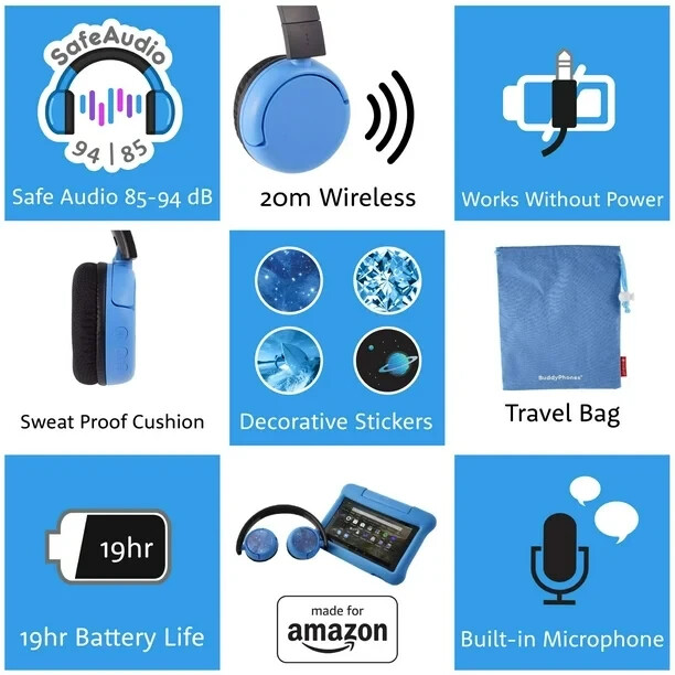 Buddyphones Kids Bluetooth & Wired Headphone w/ Microphone Blue [See Video]