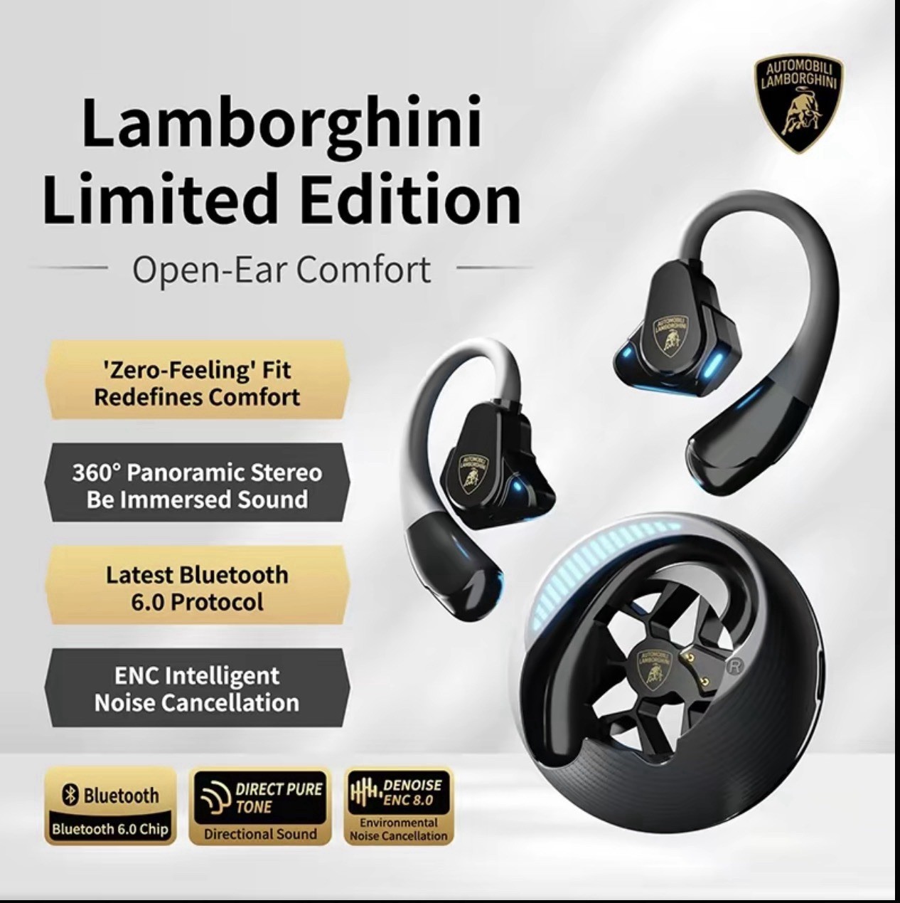Lamborghini Sport Ear Hook Audifonos Bluetooth 6.0 Headphones