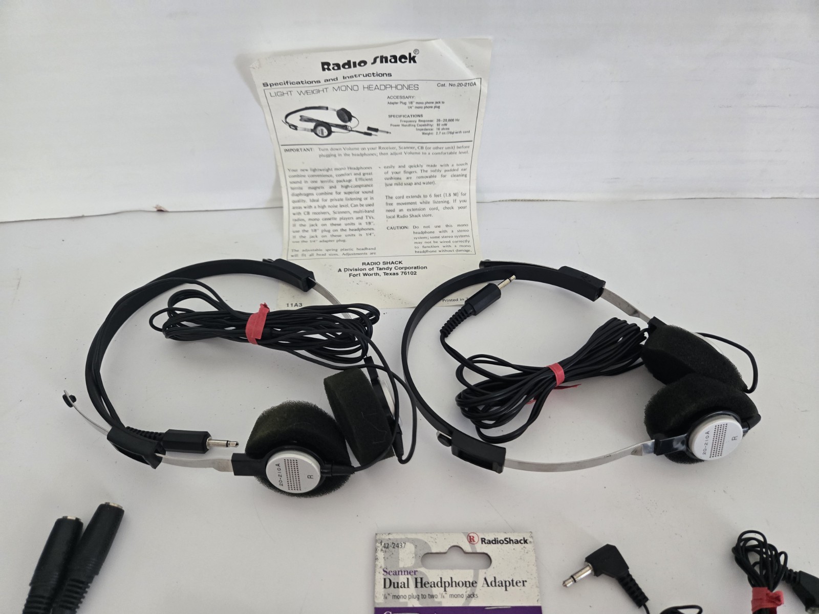2 Radio Shack Lightweight Mono Headphones #20-210A & Extras FREE SHIPPING