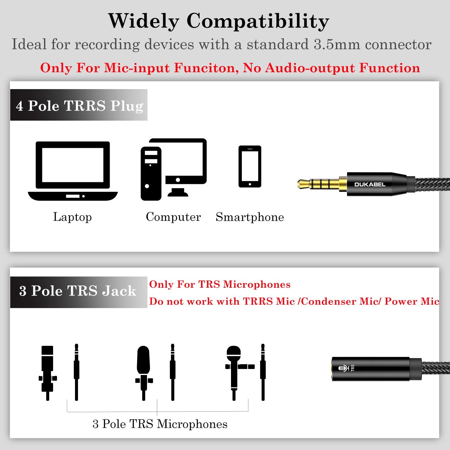 DUKABEL DC4 3.5mm TRS to TRRS Adapter Cable, Microphone Audio Adapter, TRS Femal