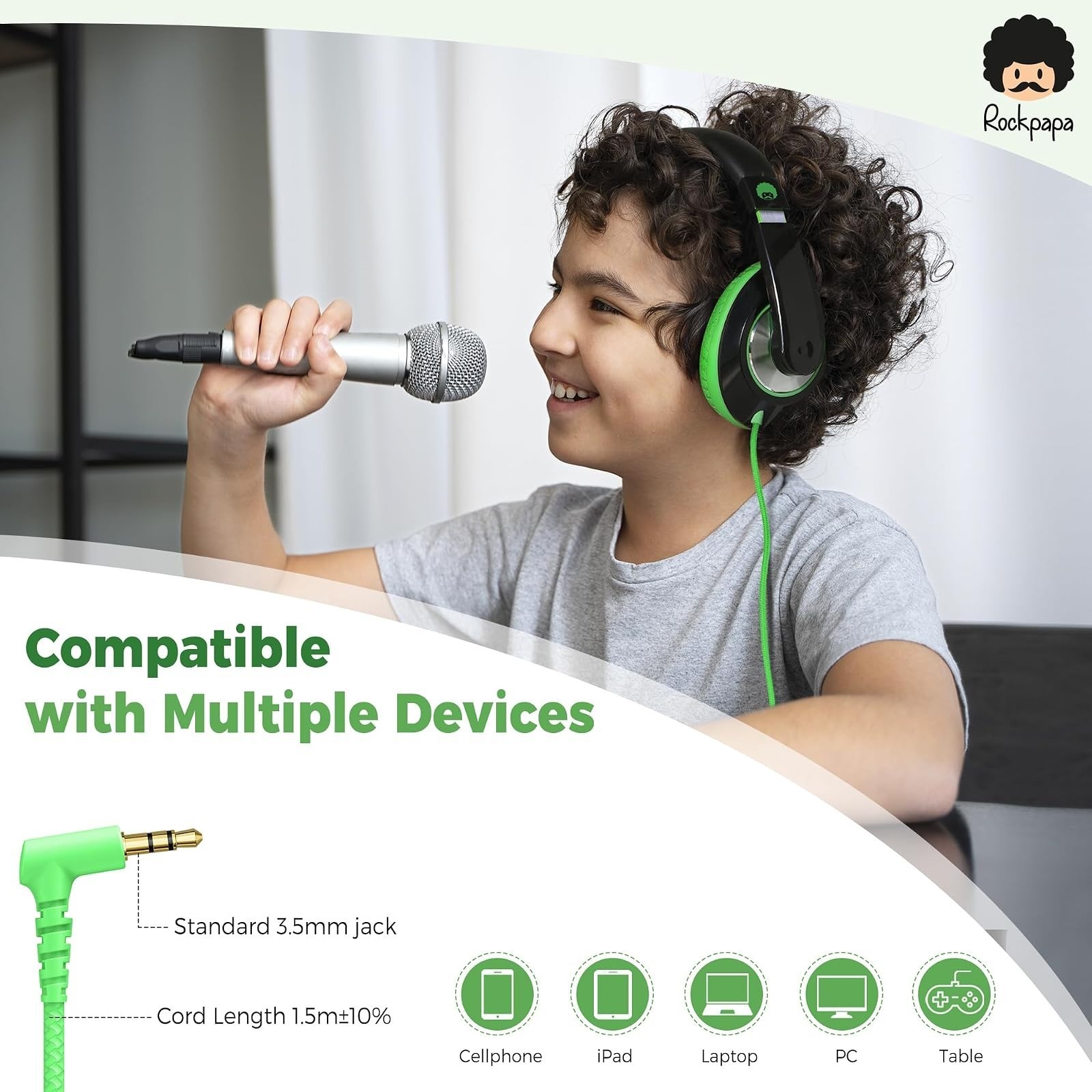 rockpapa Comfort Kids Headphones Wired Over Ear Lightweight Black/Green