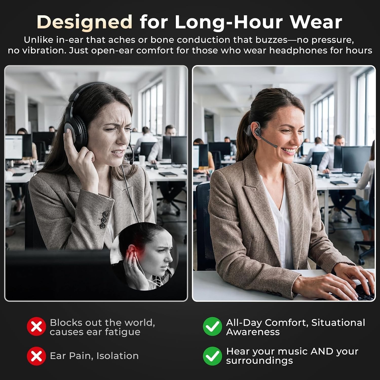 Open Ear Bluetooth Headphones with Mic, Black, AI Noise Reduction, Mute Button