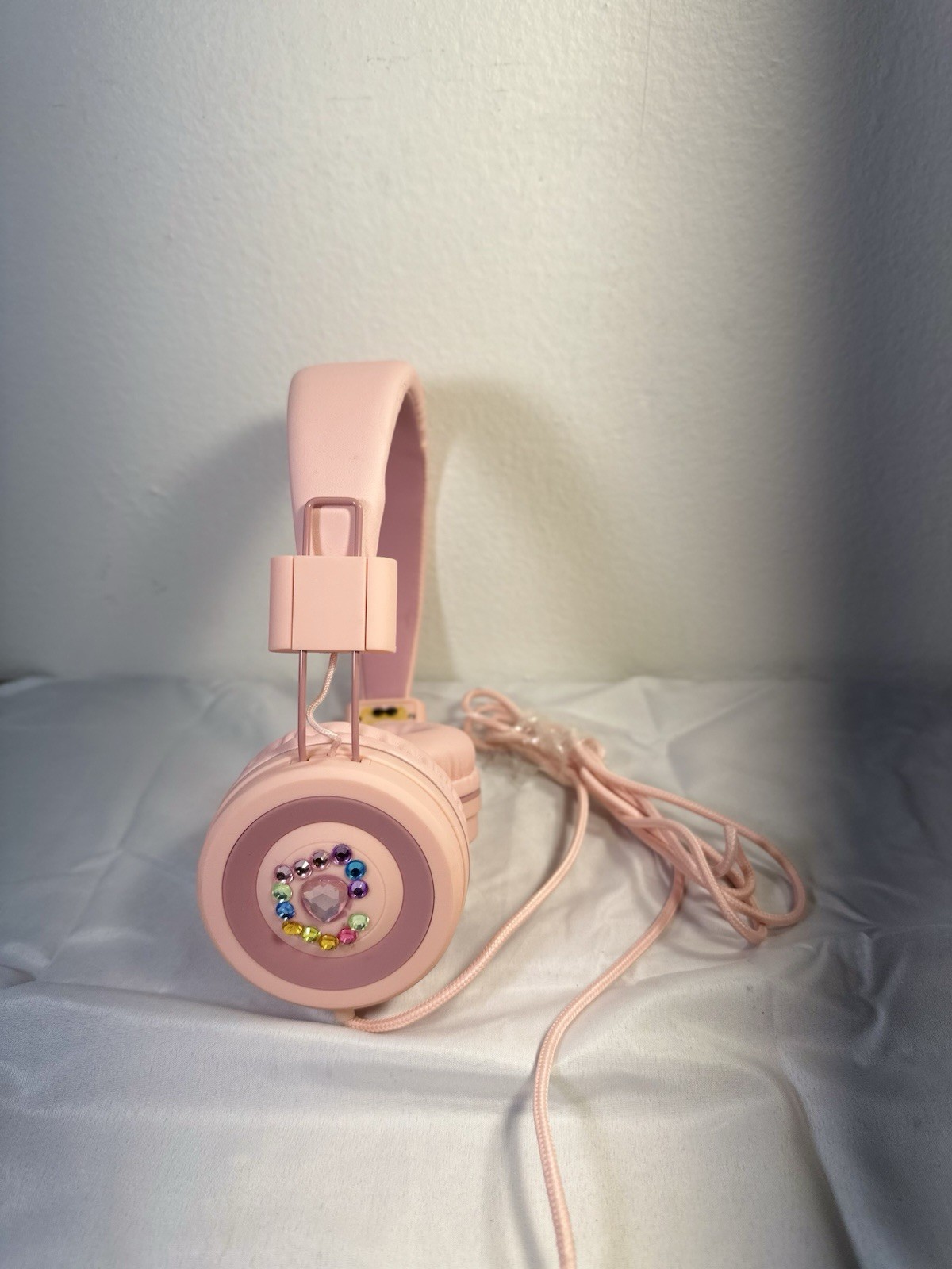 Pink Kids Wired Headphones Rhinestone Decor 3.5mm Audio Jack