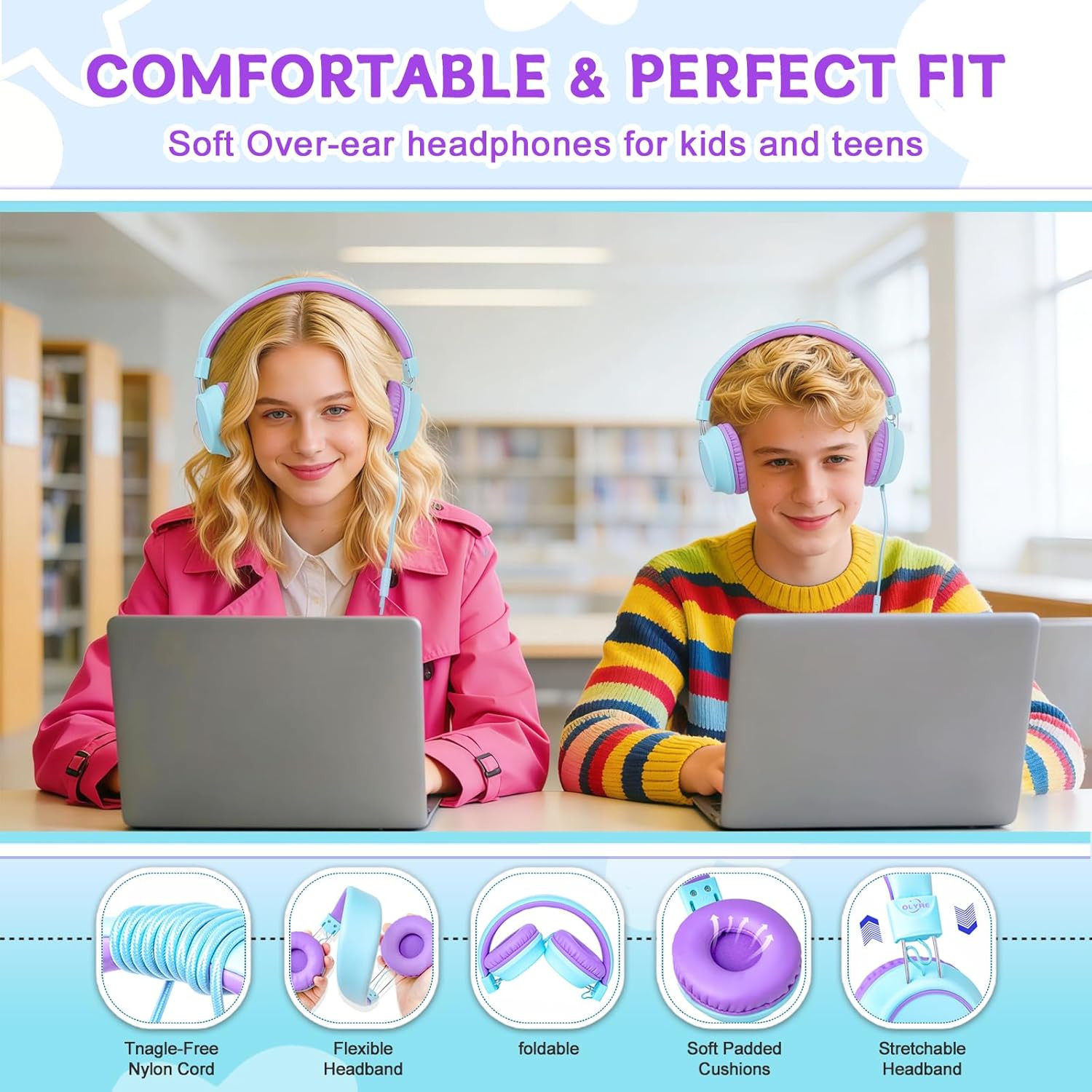 Olyre Kids Headphones, Toddler Headphones with Cord for School Plane Travel, Lig