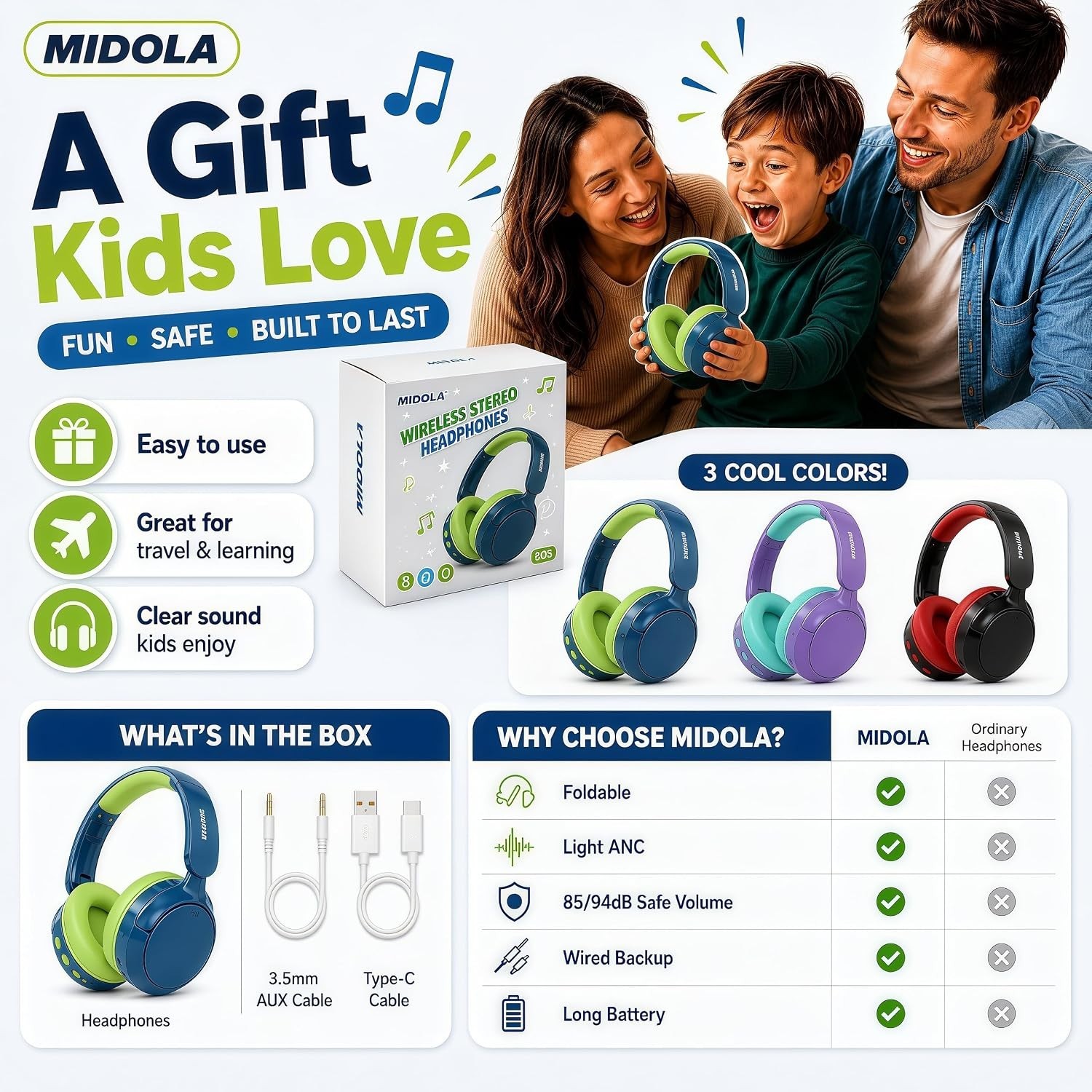 Safe Volume Kids Bluetooth Headphones – Active Noise Cancellation & Lightweight