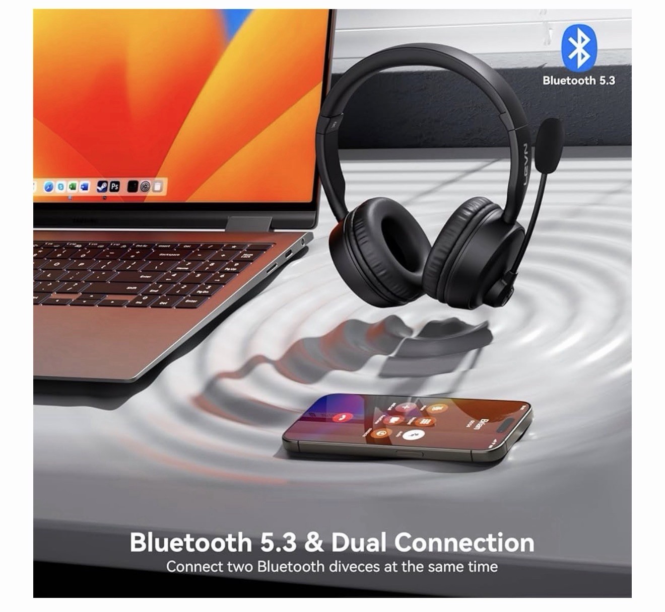 Bluetooth Headset with Microphone, 60 Hrs Working Time Dual Connection