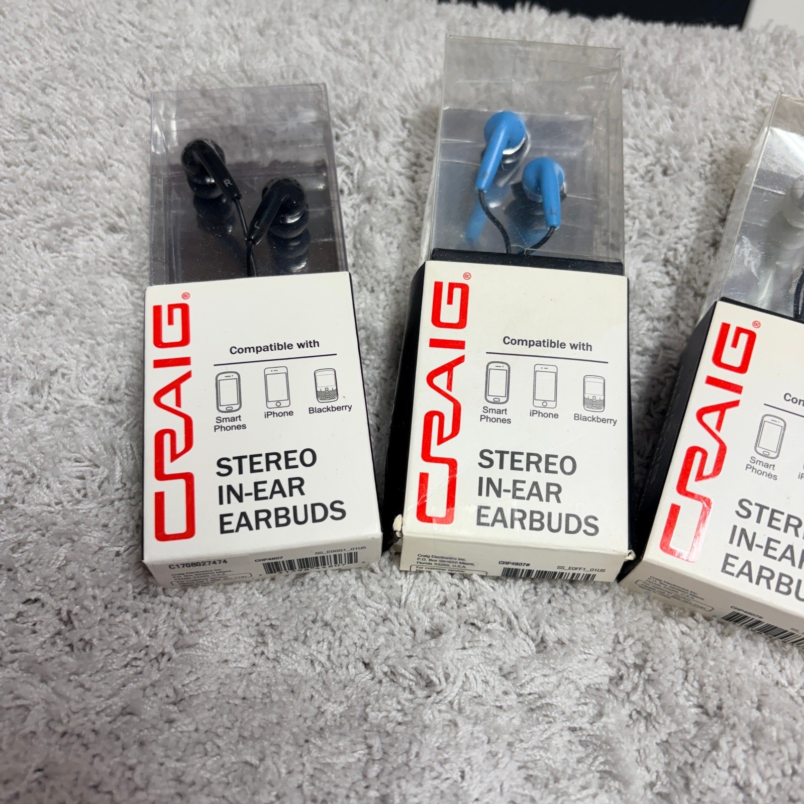 Craig Stereo In-Ear Earbuds 3 Pack Wired 3.5mm Jack Black Blue White CHP4807 NEW