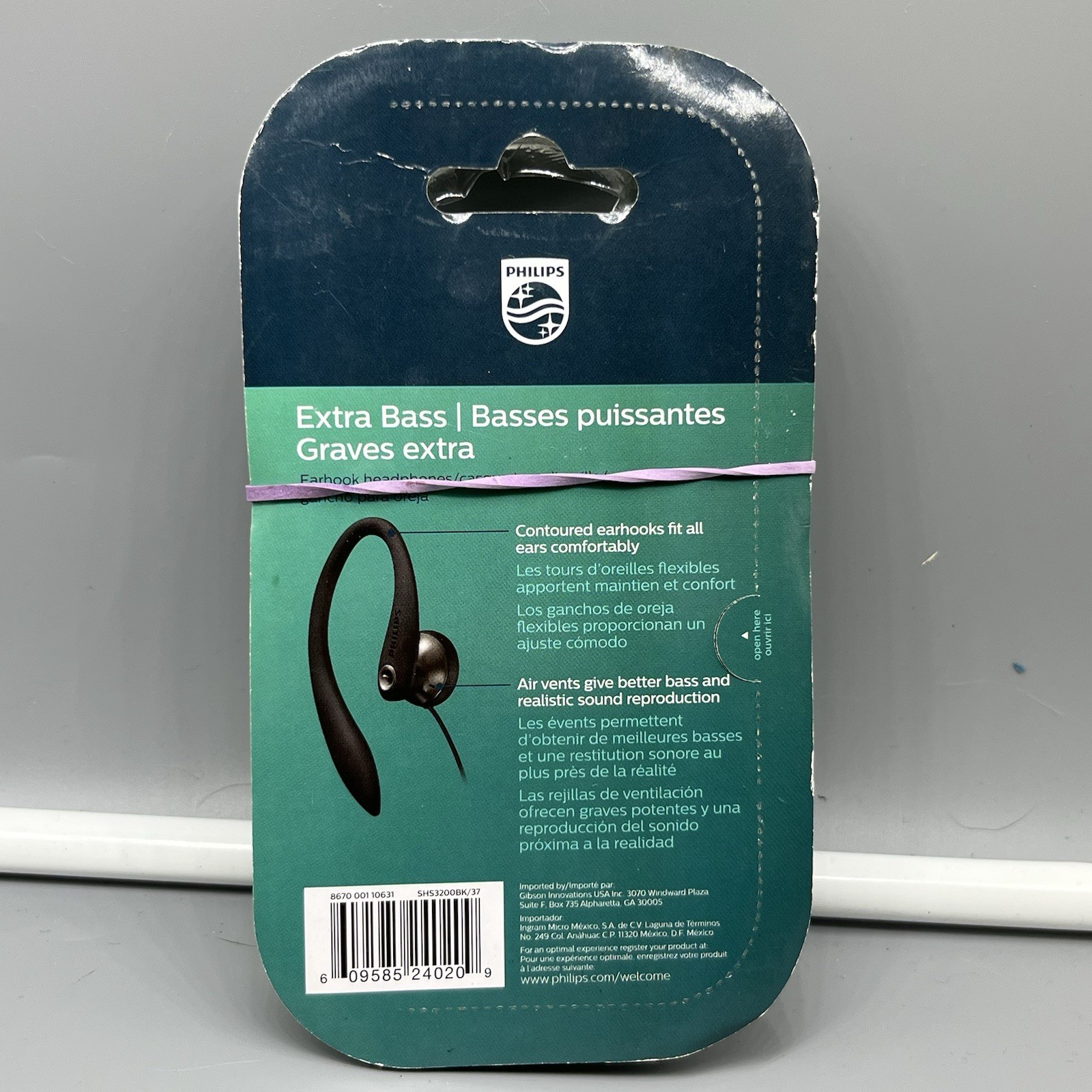 Philips SHS3200BK 37 Flexible Earhook Headphones (Black) Extra Bass NEW Open Box