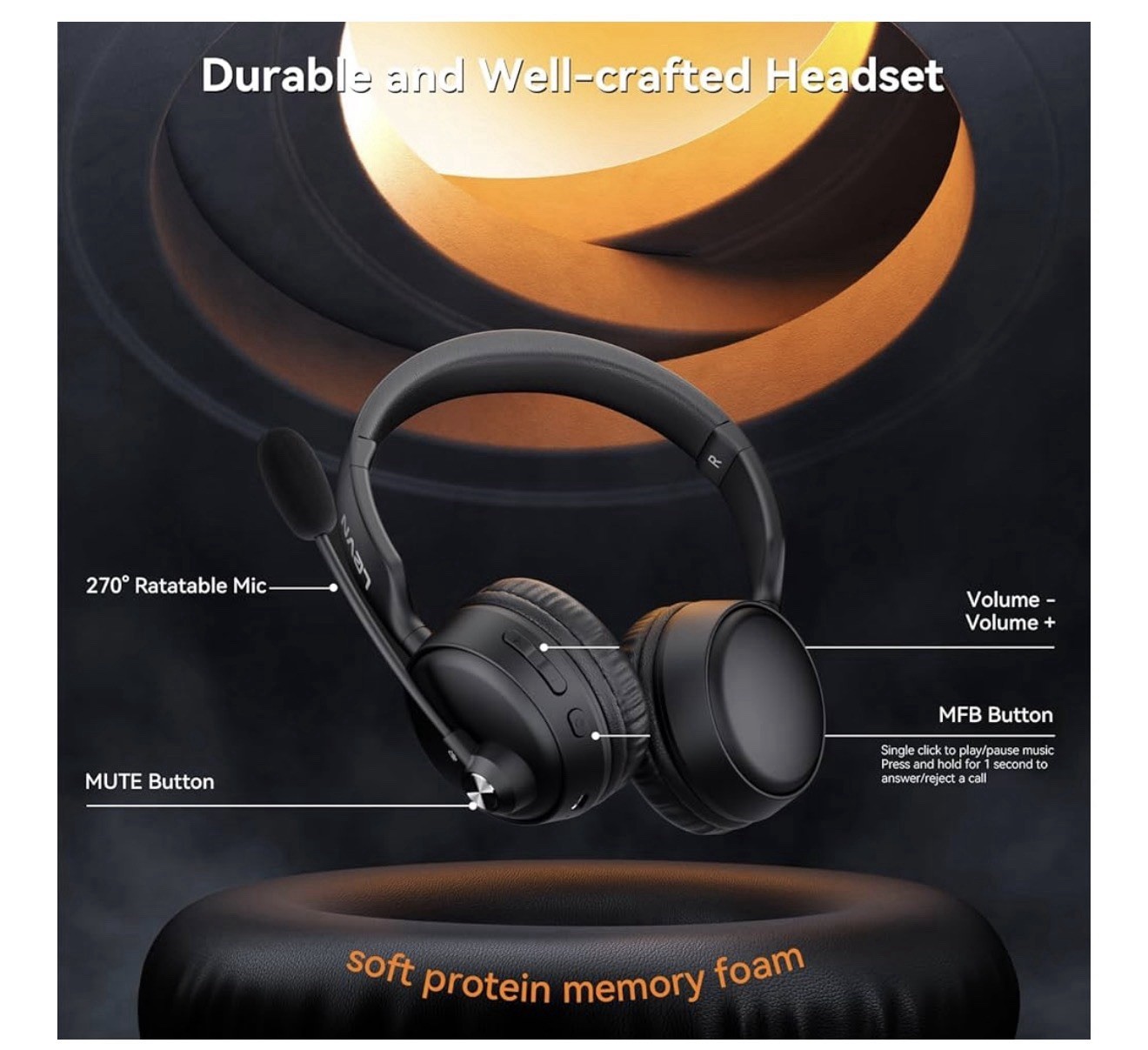 Bluetooth Headset with Microphone, 60 Hrs Working Time Dual Connection