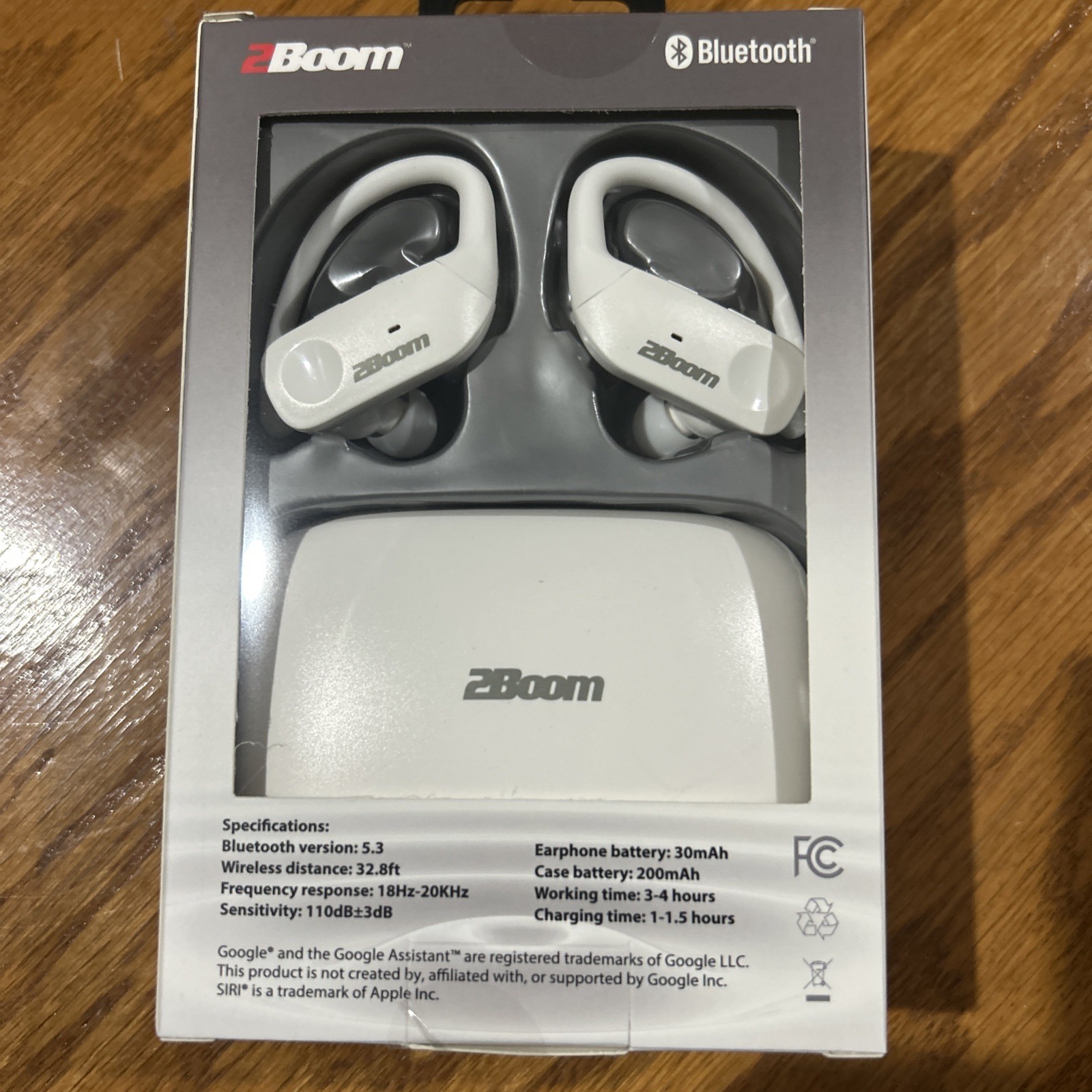 2Boom Edge Air Google Wireless Bluetooth Earphones | White Mic + Charging Case