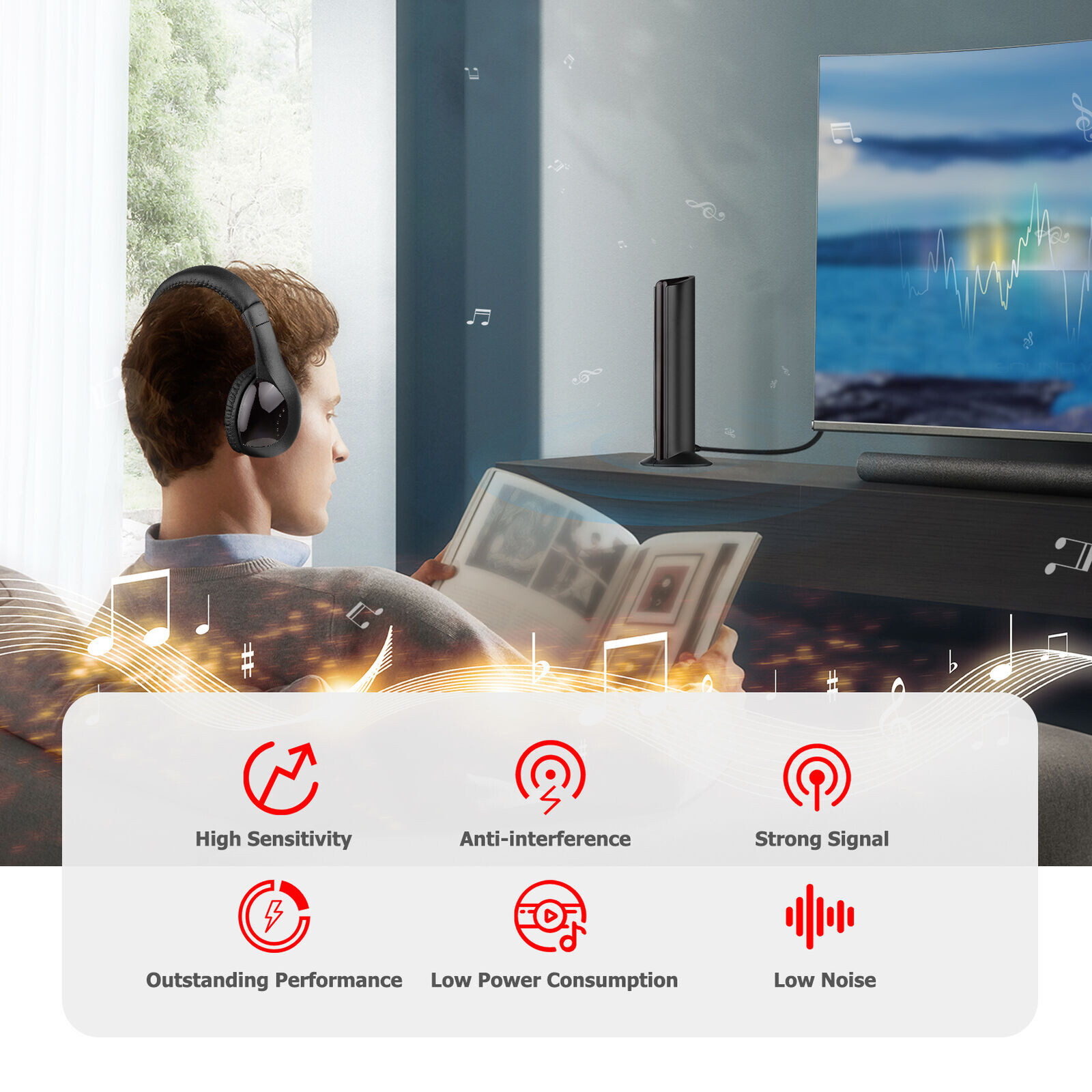 5 in 1 Wireless Cordless Headphones Headset with Mic for TV Watching Radio J4E3