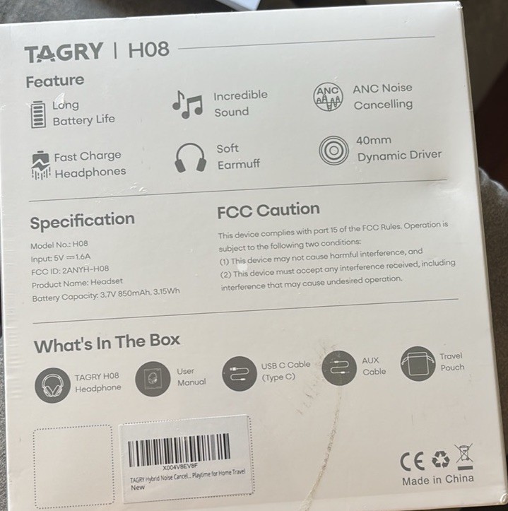 TAGRY H08 White Wireless Bluetooth Active Noise Cancelling Headphones USB-C 40mm