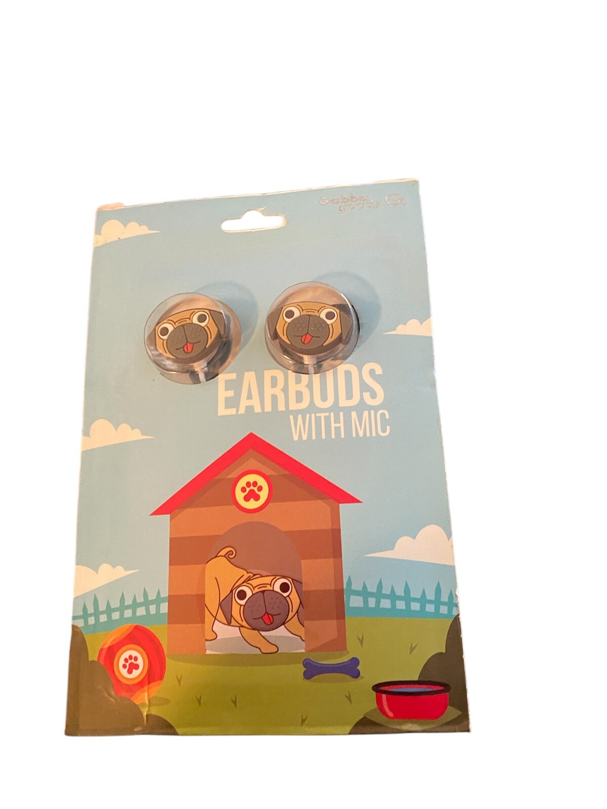 Gabba Goods Pug Dog Earbuds with Mic. White Cable