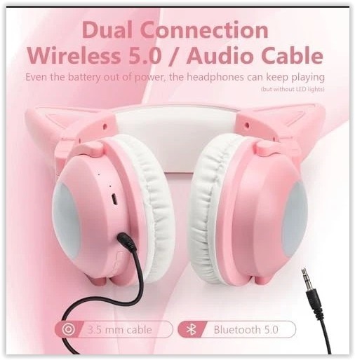 Cute Cat Ear Bluetooth Headphones for Kids & Adults, LED Lights, Foldable NOB
