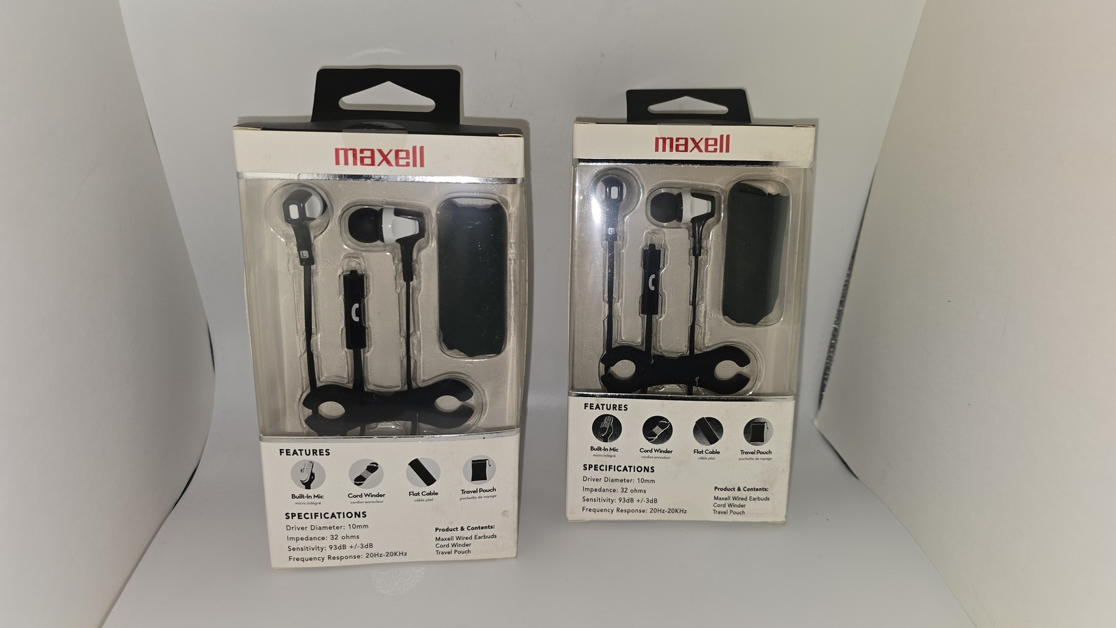 2 Pack Maxell Trio Wired Earbuds with Mic Flat Cable Cord Winder Travel Pouch