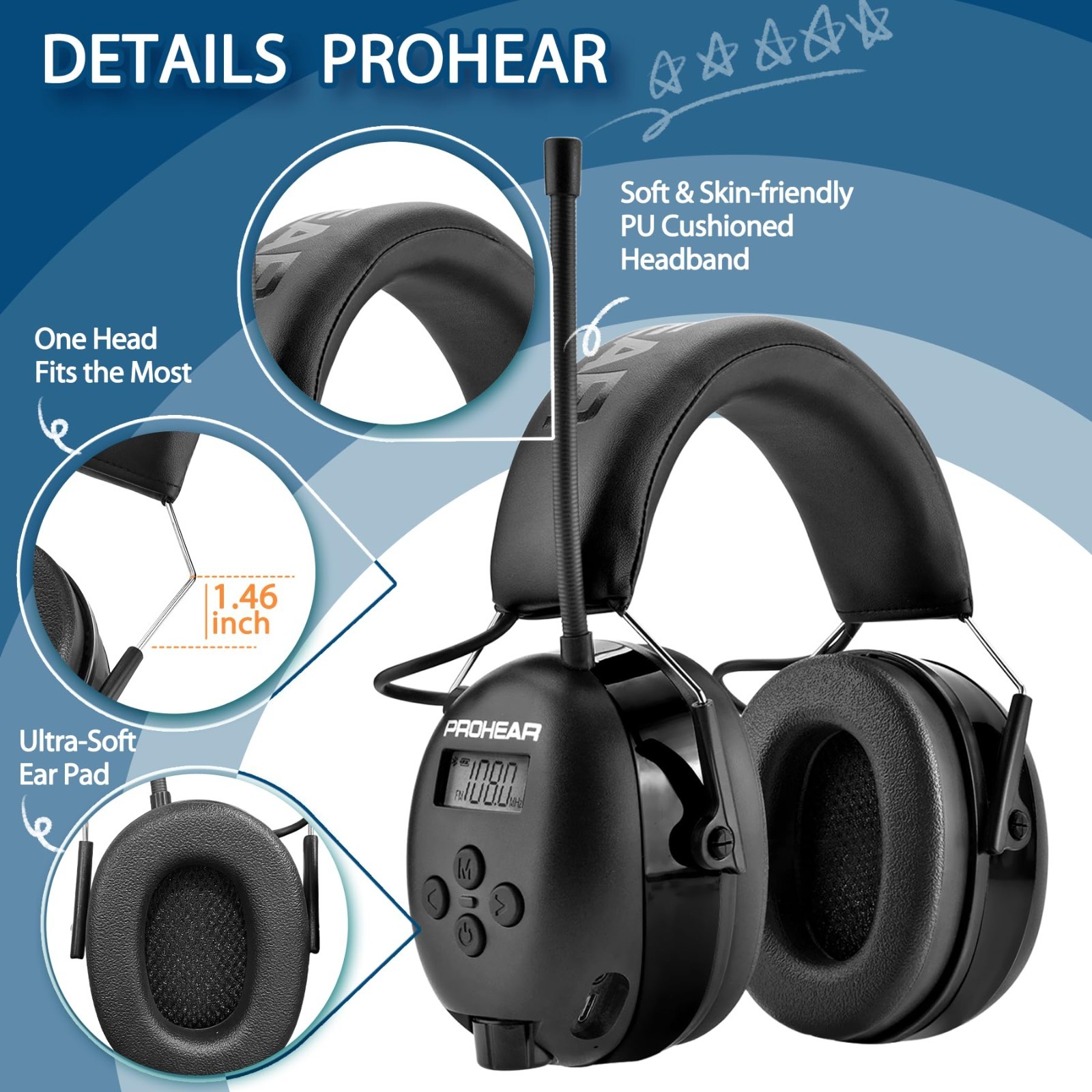 AM FM Bluetooth Radio Headphones – USB C Rechargeable, 2000mAh Battery, 58Hrs Pl