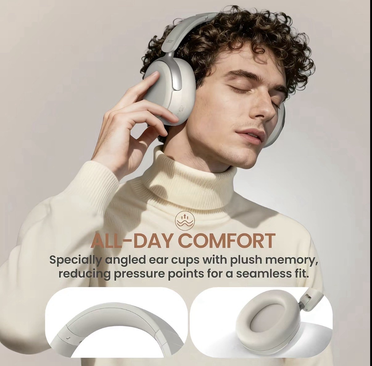 Acer White Over-Ear Bluetooth Headphones w/ ANC, 40mm Drivers, Built-In Mic