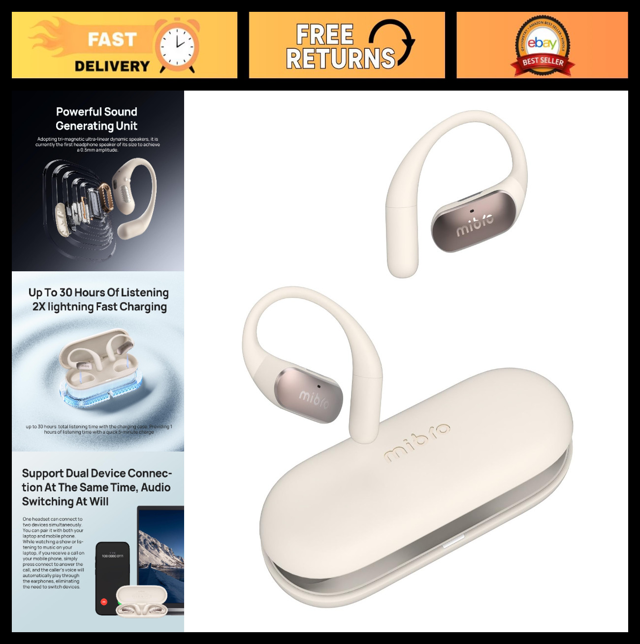 Wireless Open Ear Sports Headphones, Lightweight 7.2g, IPX4 Sweatproof, 30-Hour