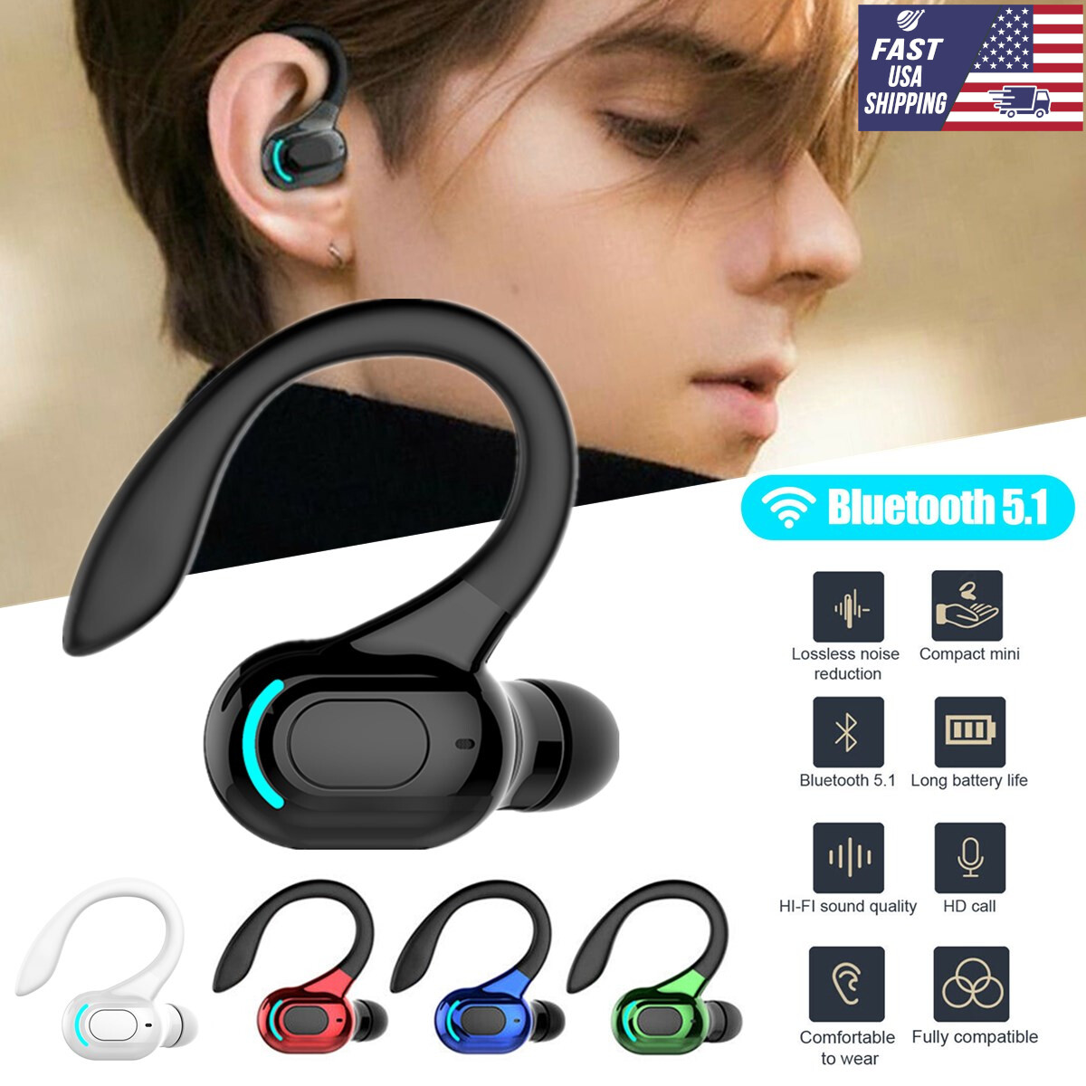 Bluetooth 5.0 Headset TWS Wireless Earphones Earbuds Stereo Headphones Ear Hook
