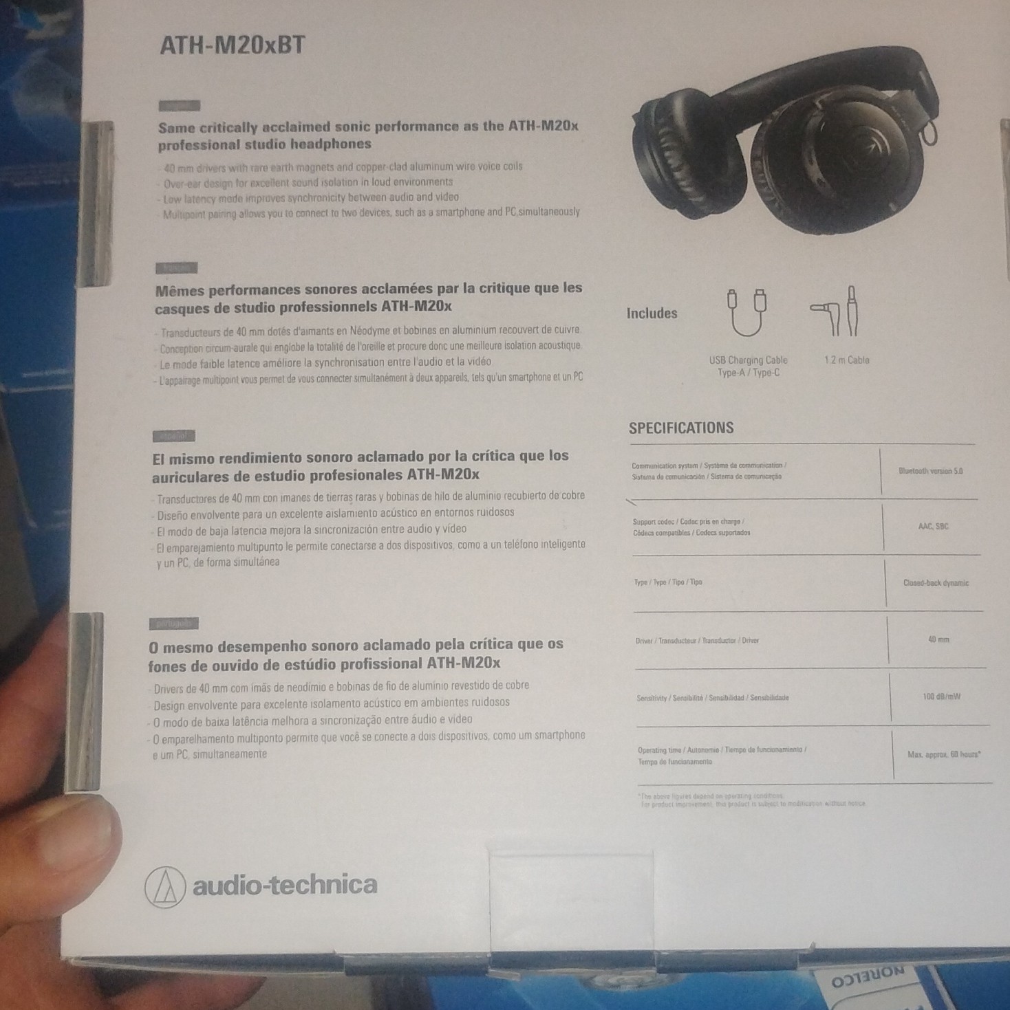 Audio-Technica ATH-M20xBT Bluetooth Over-Ear Headphones Black Built-In Mic