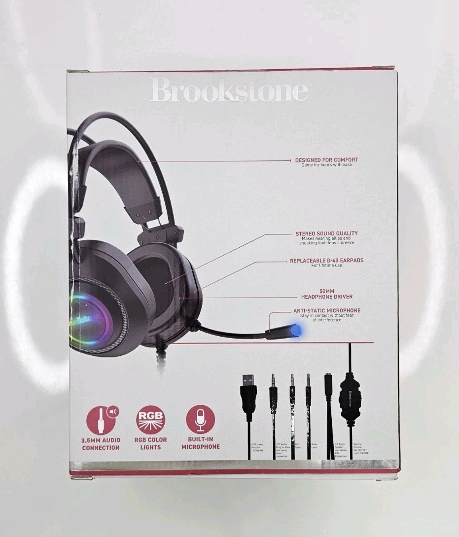 Brookstone Pro Gaming Headphones Anti-Static Mic RGB Lights GAMER SERIES Wired