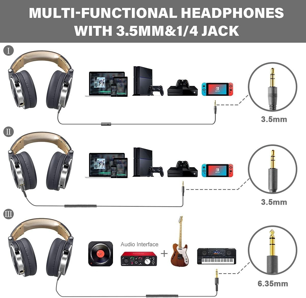 Comfortable Studio Headphones with Detachable Cables & Noise Control – Grey
