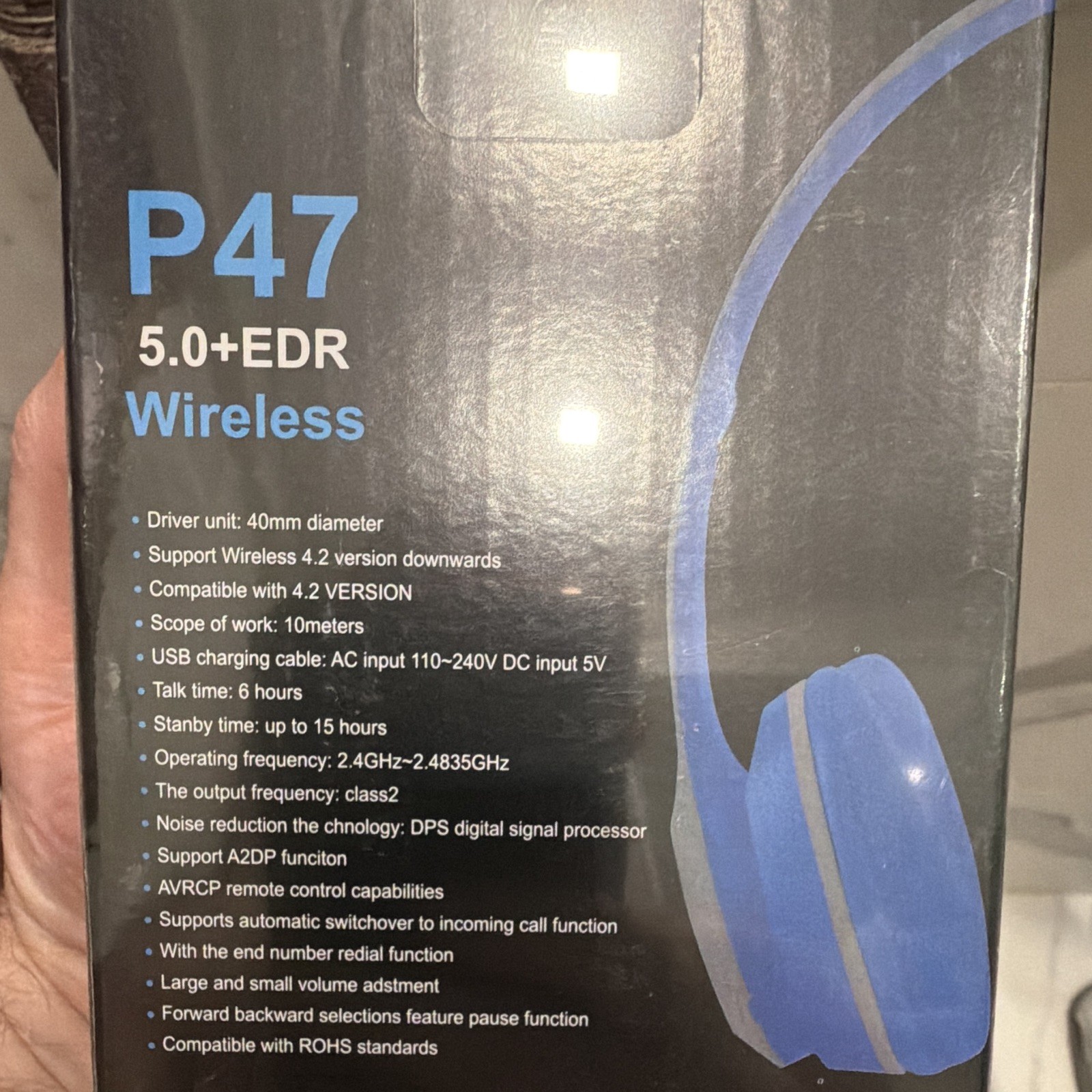 P47 5.0+EDR Bluetooth Wireless Over-Ear Headband Headphones w/ Mic Blue