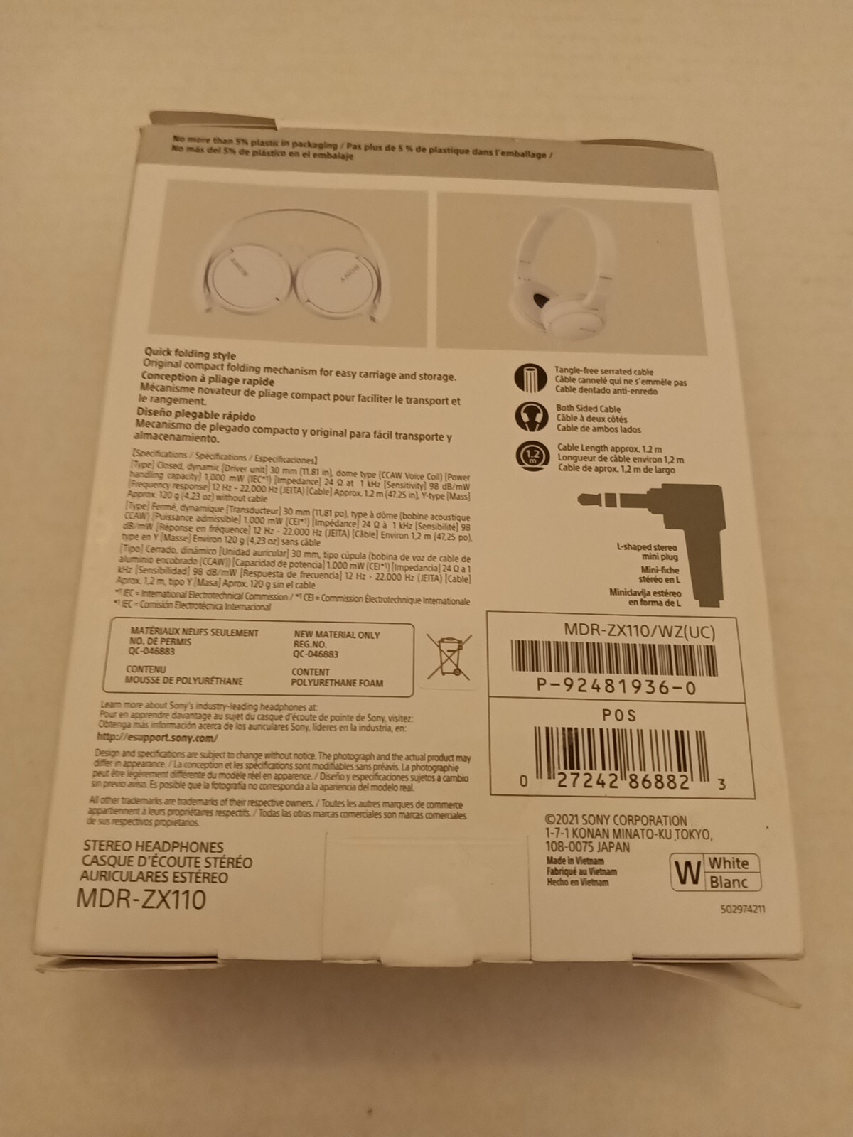 Sony MDR-ZX110 Ear-Pad (On the Ear) Headband Headphones – White