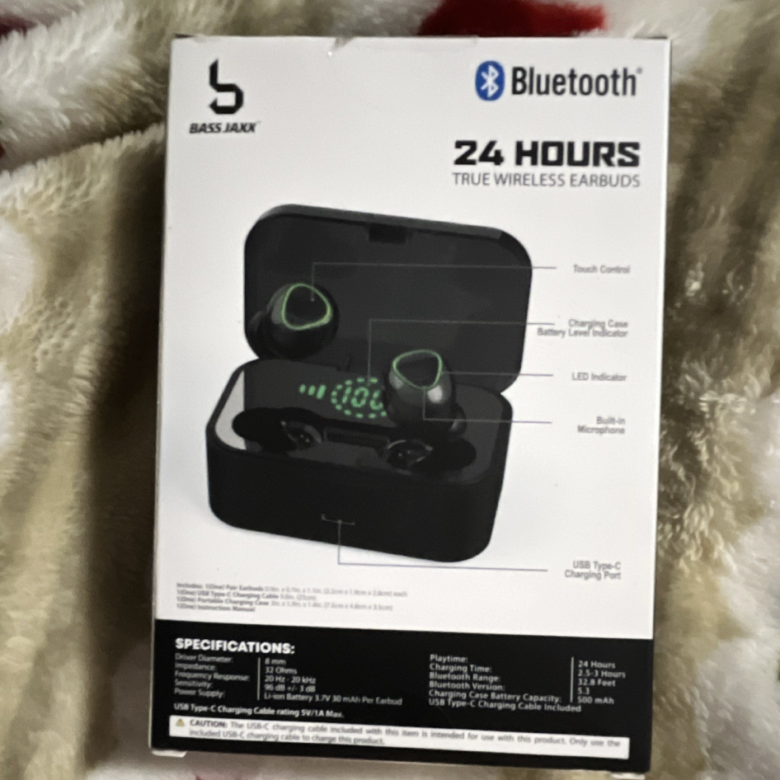 Bass Jaxx 24 Hours True Wireless Bluetooth Earbuds Black Touch Control w/ Mic